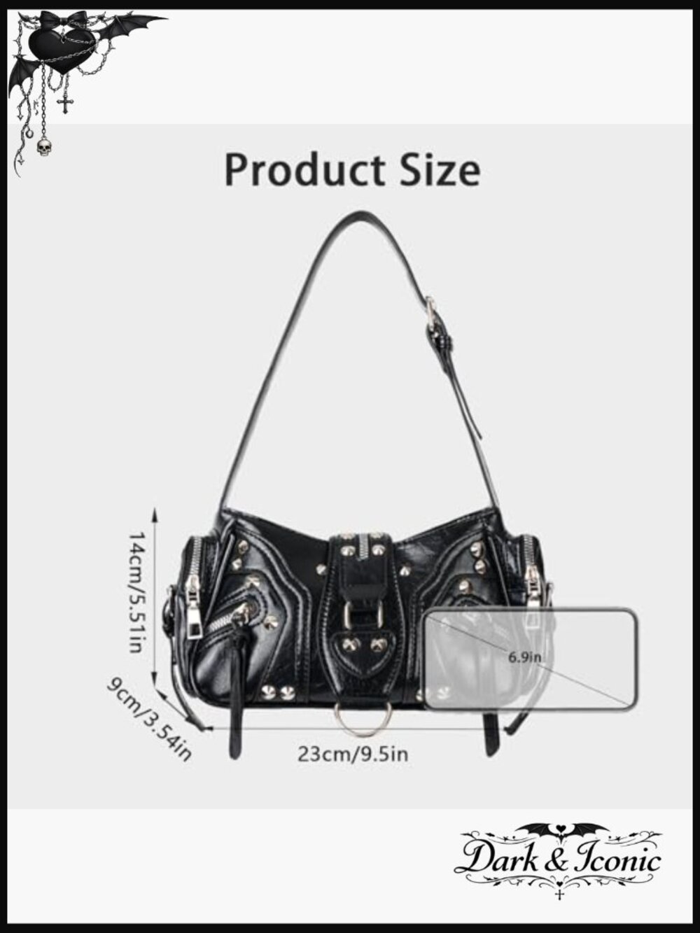 Small PU Leather Studded Shoulder Bag Mini Goth Punk Grunge Handbag - Picture 6 of 7
